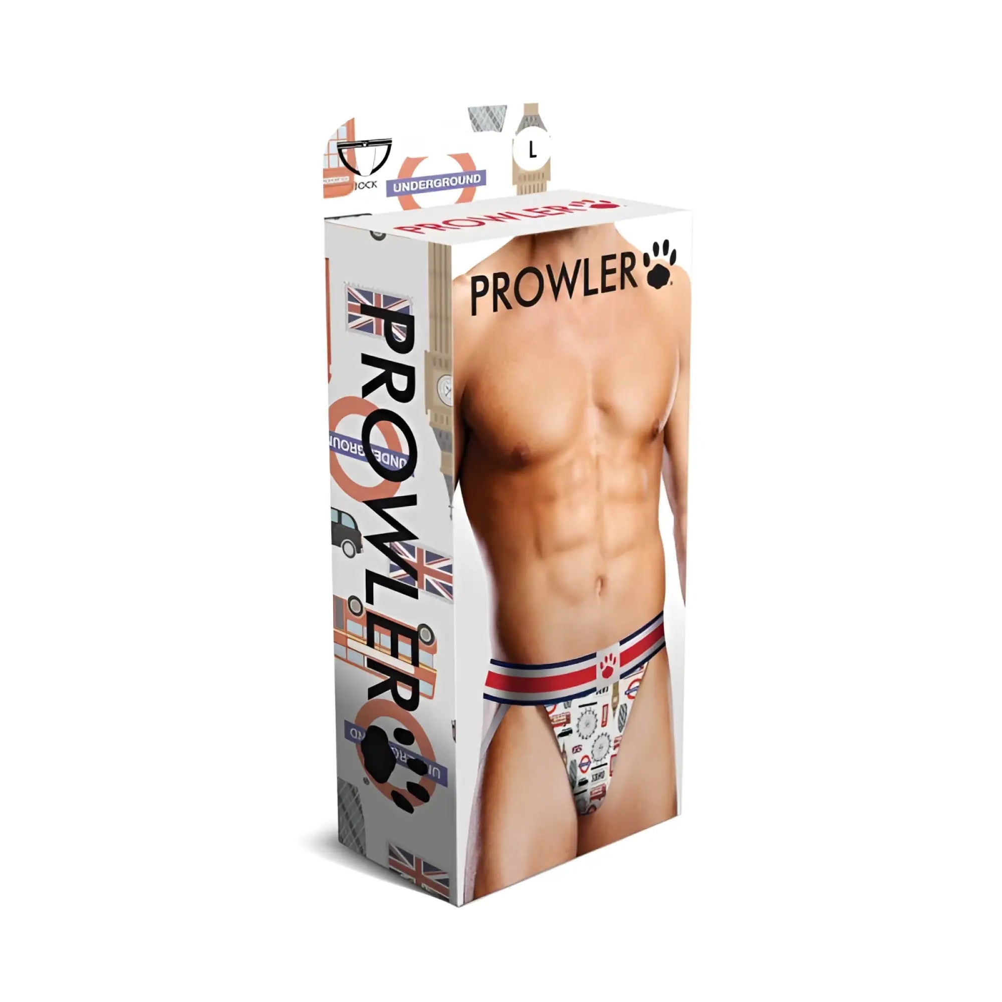 Prowler Soho jock men’s briefs with white base and red blue black London themed graphics front view