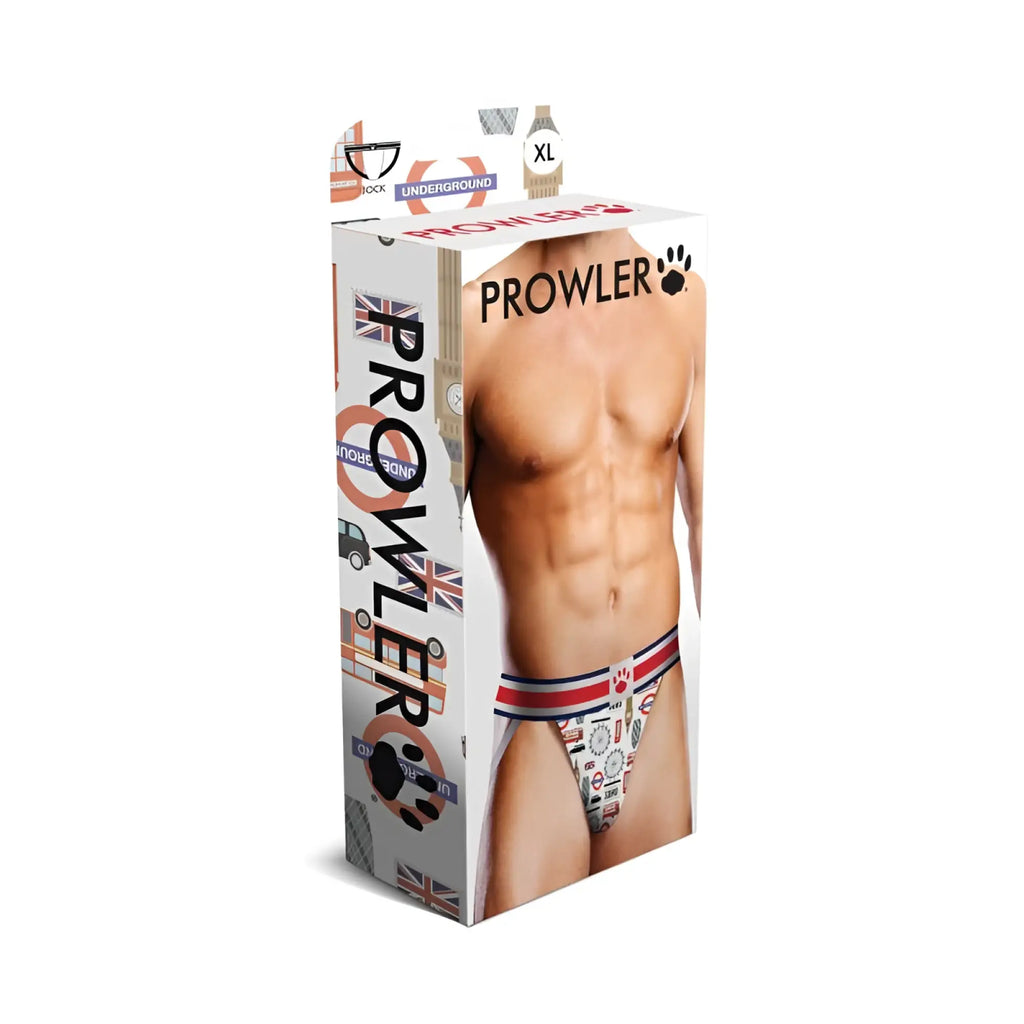 Prowler Soho jock XL men’s underwear with white base, red and blue striped waistband, and british-themed icons pattern