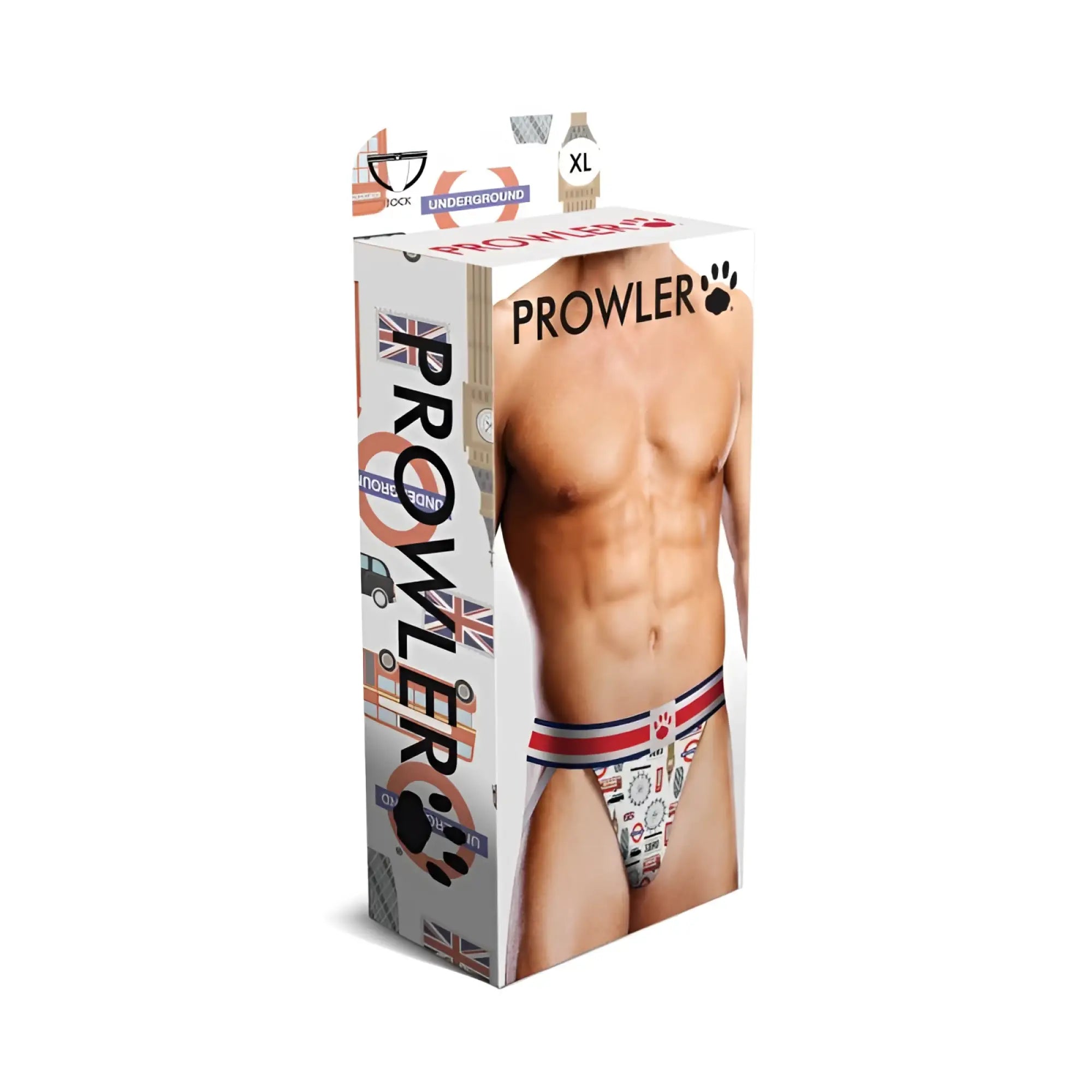 Prowler Soho jock XL men’s underwear with white base, red and blue striped waistband, and british-themed icons pattern