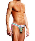 Pink and teal patterned prowler sundae jock briefs with white paw print logo on waistband front view
