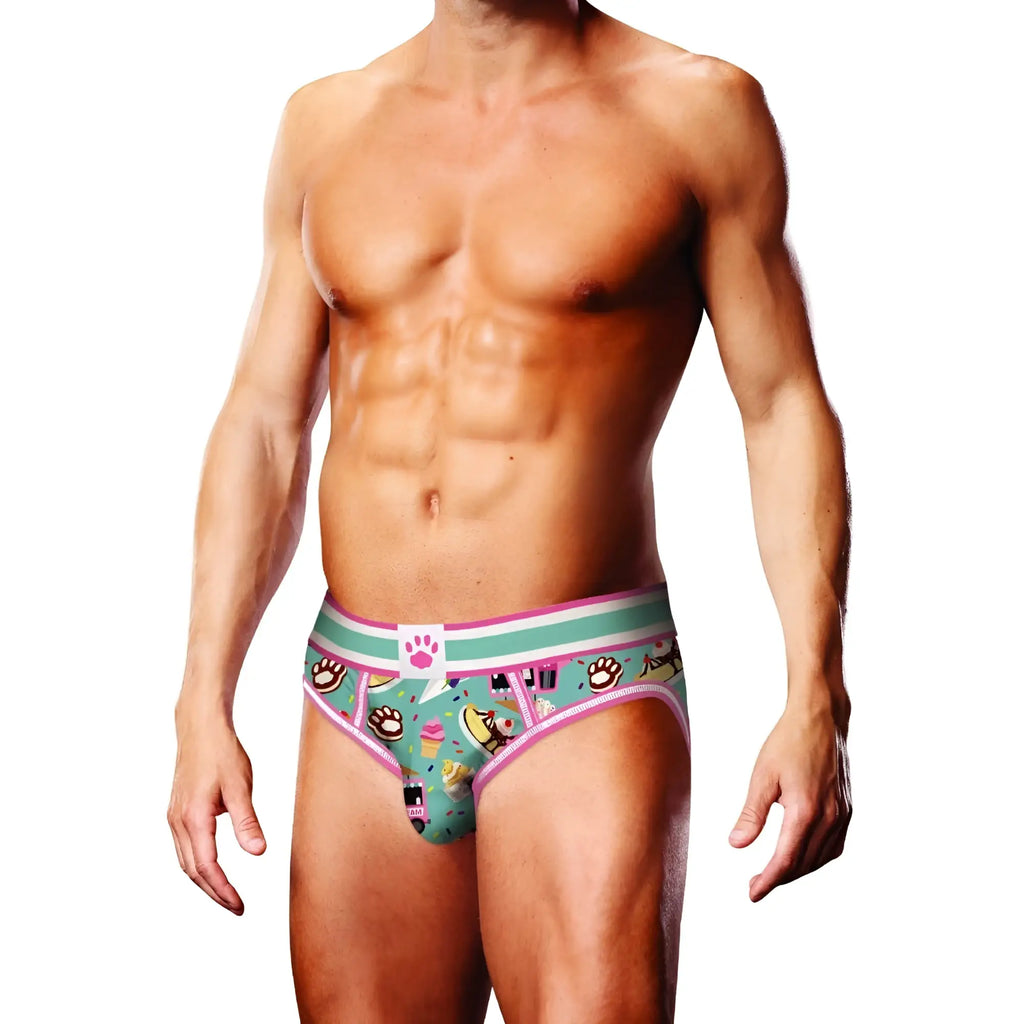 Pastel green and pink patterned men’s briefs with playful dog paw prints ice cream cones and cartoon dogs prowler sundae brief