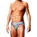 Pastel green and pink patterned men’s briefs with playful dog paw prints ice cream cones and cartoon dogs from prowler sundae open brief s