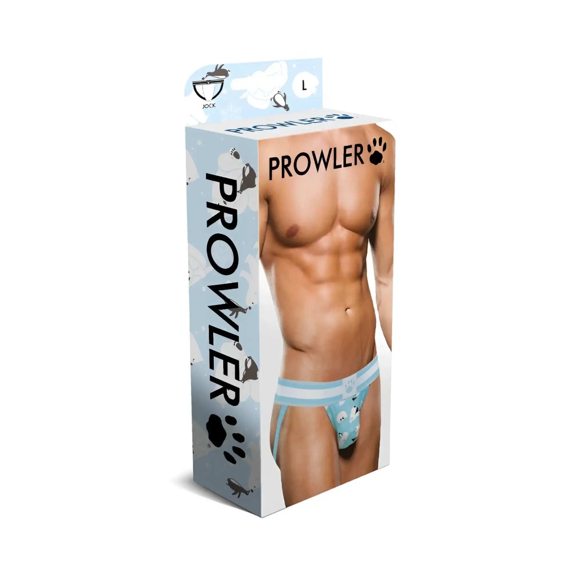 Light blue and white striped men’s briefs with playful cartoon animal print in a Prowler Winter Jock L box