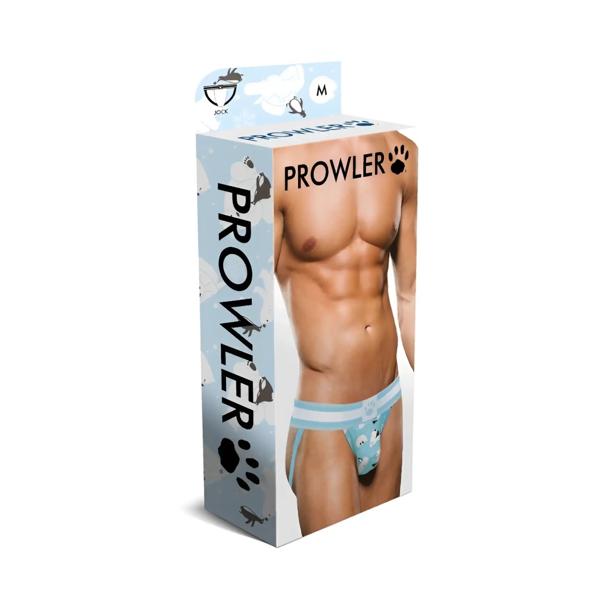 Light blue and white patterned men’s briefs with playful animal print by Prowler, model winter jock M
