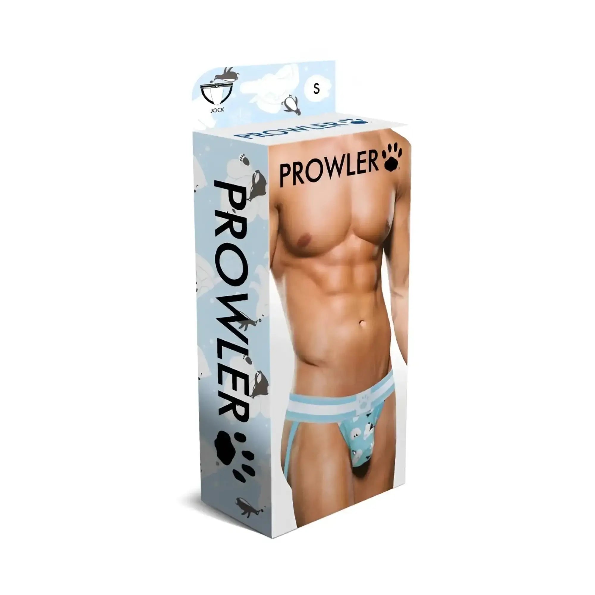 Light blue and white striped men’s briefs with playful cartoon animal print in prowler brand box for winter use