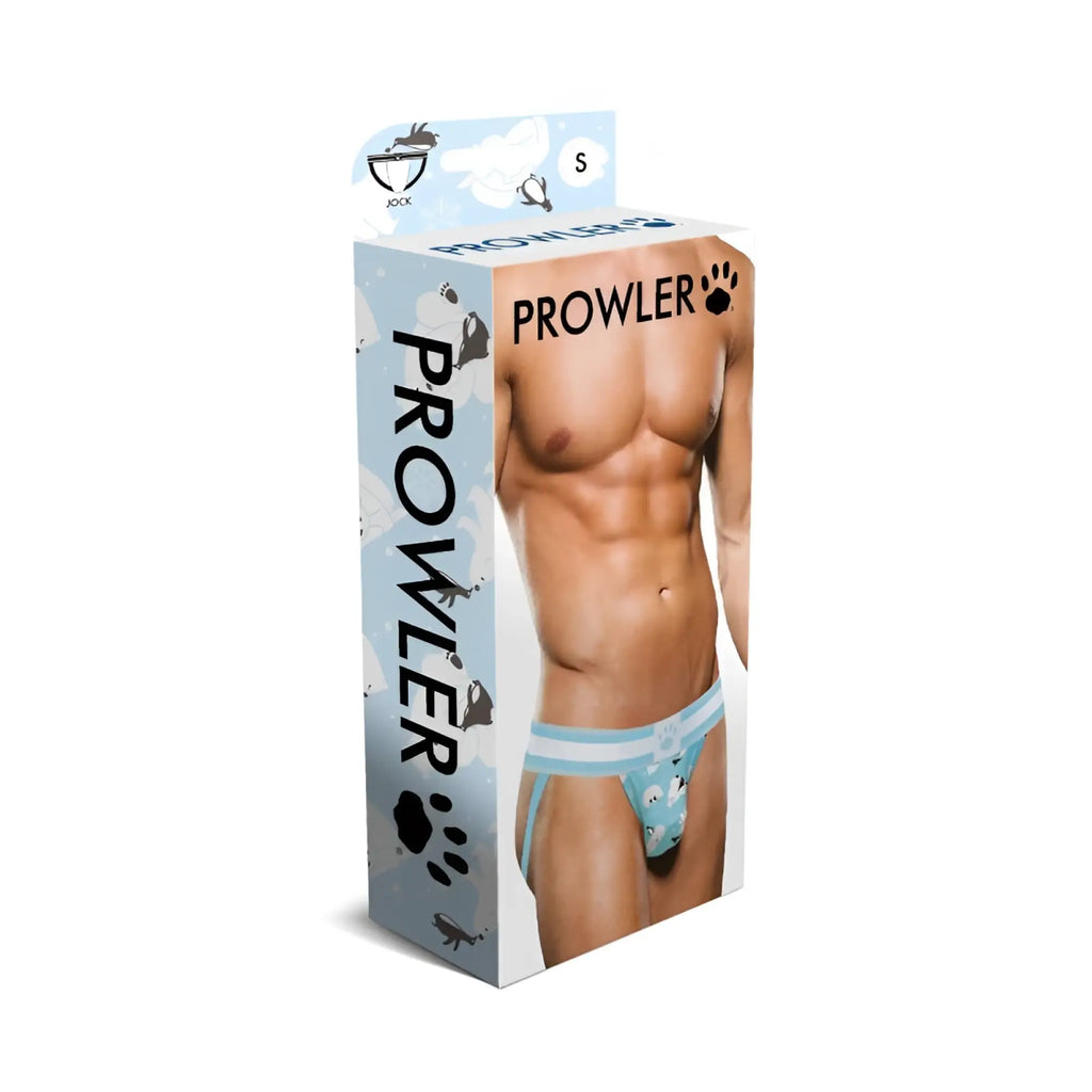 Light blue and white striped men’s briefs with playful cartoon animal print in prowler brand box for winter use