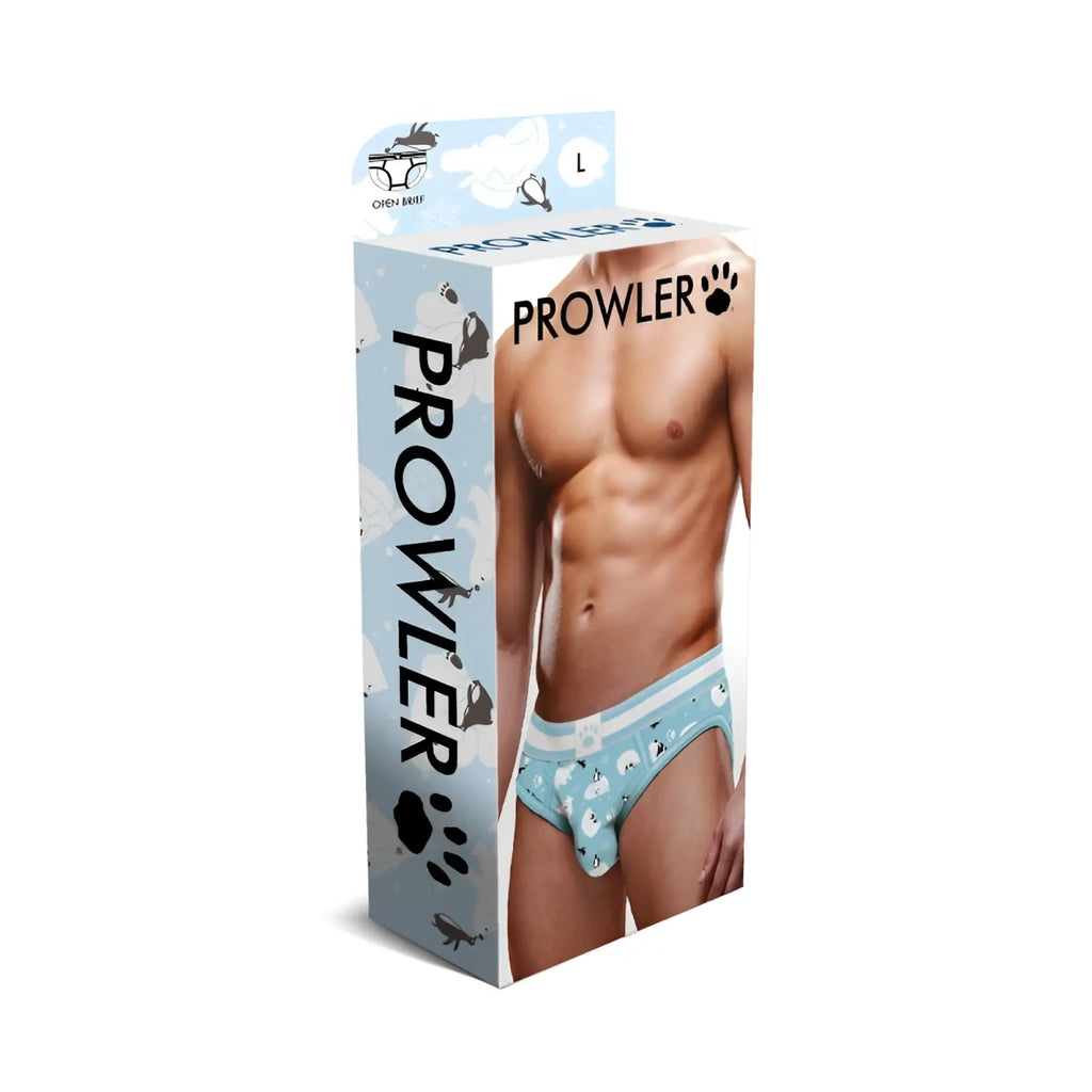 Light blue prowler open back brief l/xl with playful black paw prints and white cartoon animals pattern