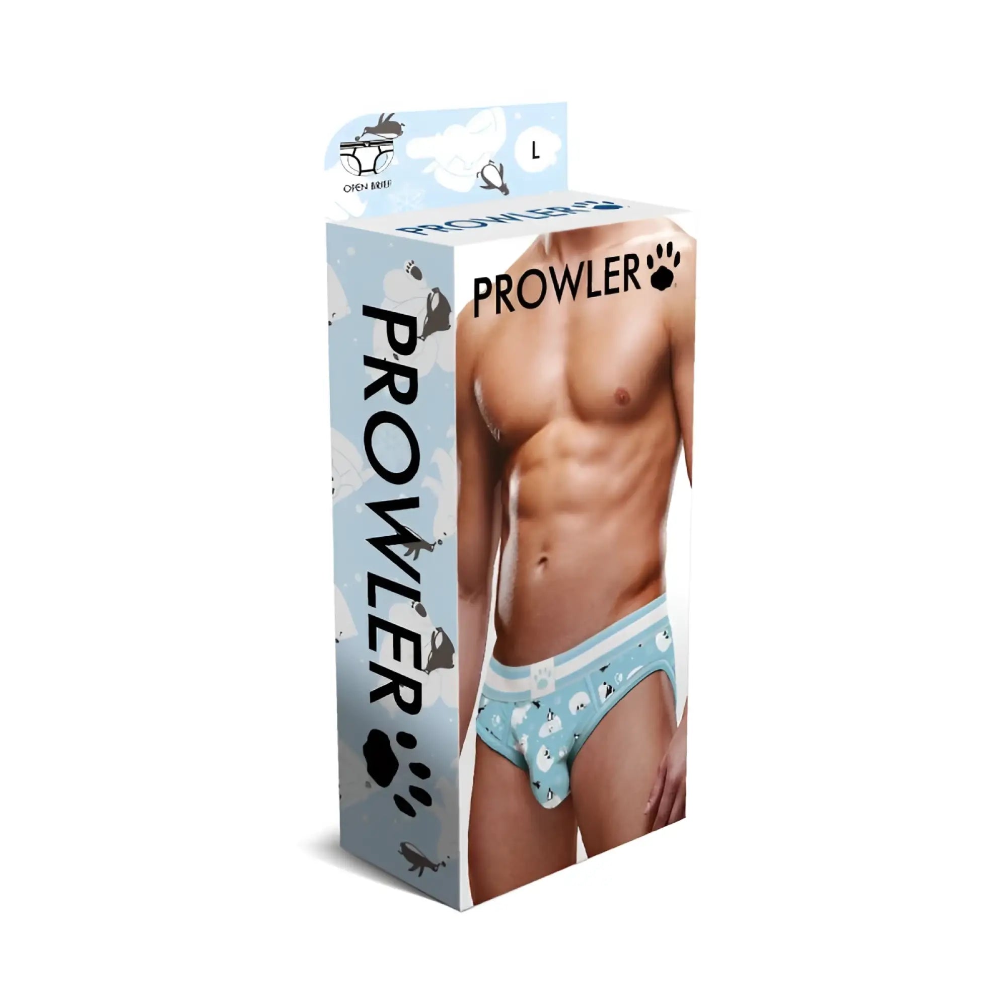 Light blue prowler open back brief l/xl with playful black paw prints and white cartoon animals pattern