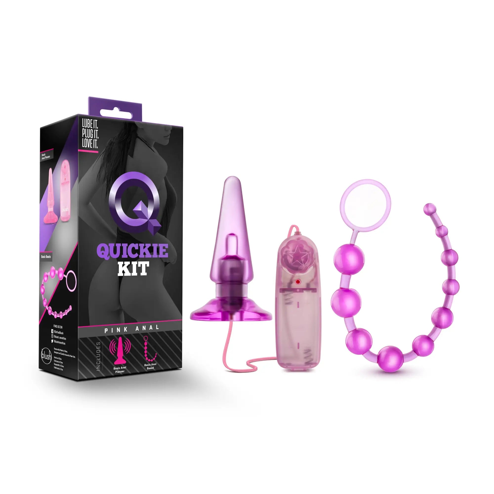 Pink translucent plastic anal toy kit quickie kit with vibrating wand ring and beaded ball chain for intimate use