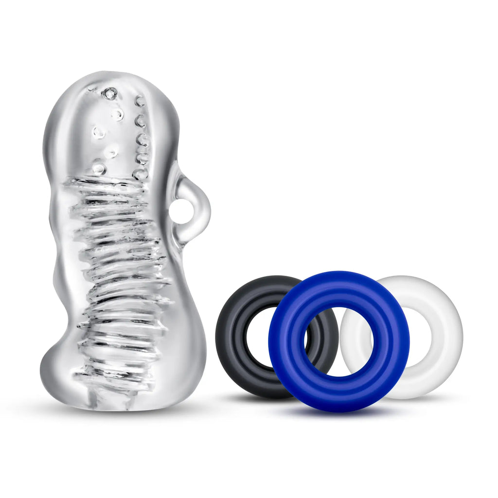 Clear glass dildo with textured ridges and side loop with black blue and white silicone rings quickie kit jerk off clear