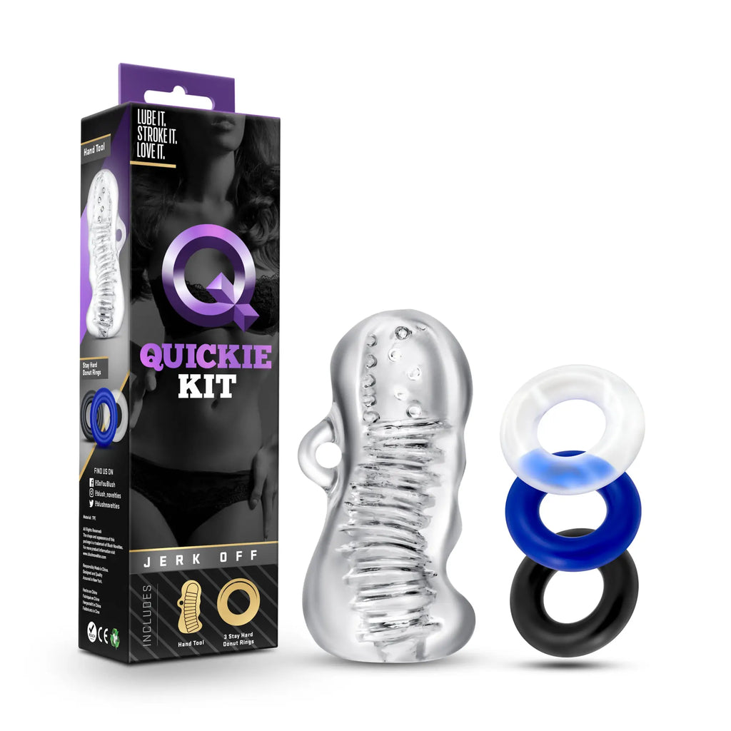 Clear transparent silicone masturbator with textured spiral design and integrated handle from quickie kit jerk off clear