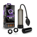 Black plastic pump with flexible hose bulb and translucent chamber for visual feedback in quickie kit thick cock black