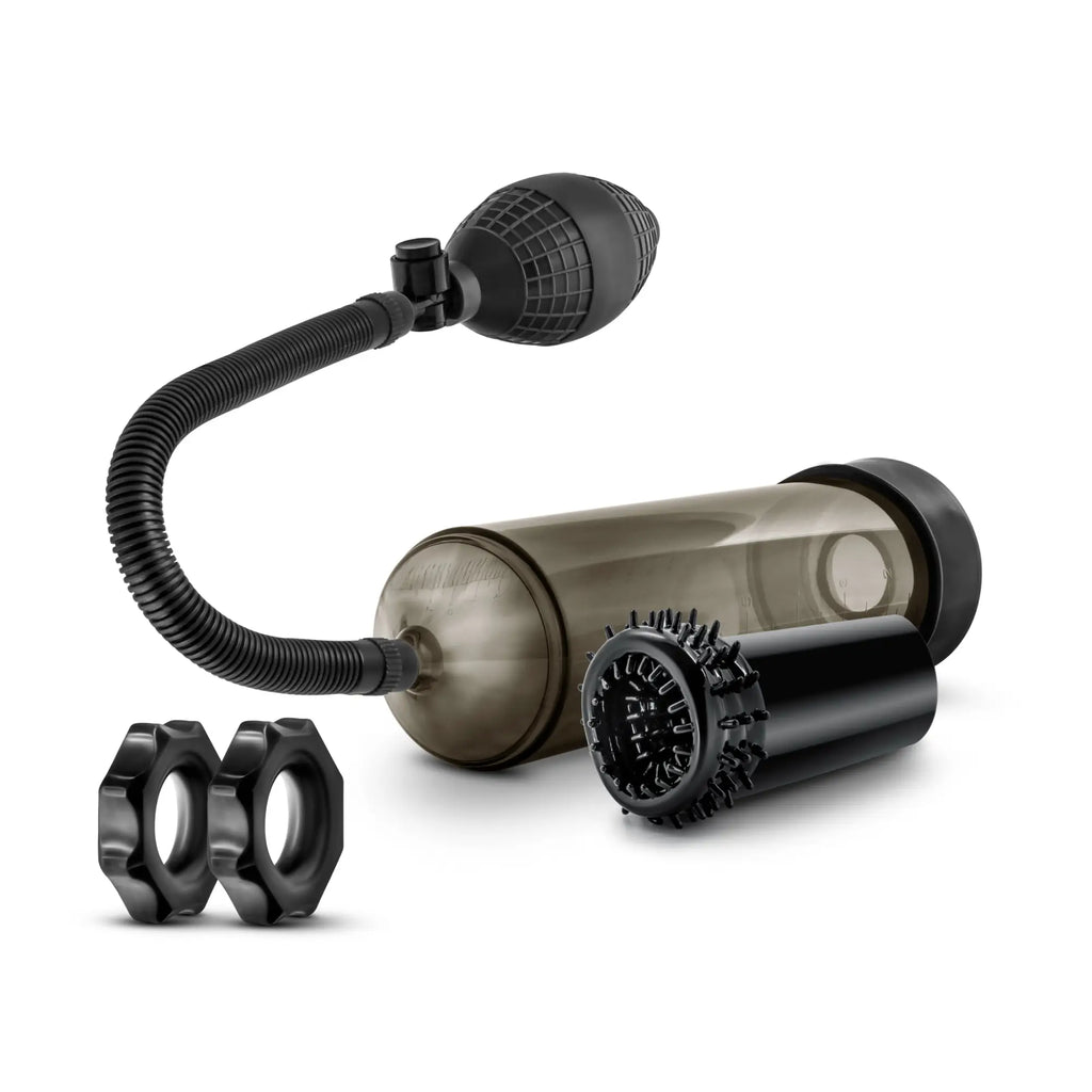 Black and translucent gray inflatable pump with textured bulb flexible hose and spiked head from quickie kit thick cock black