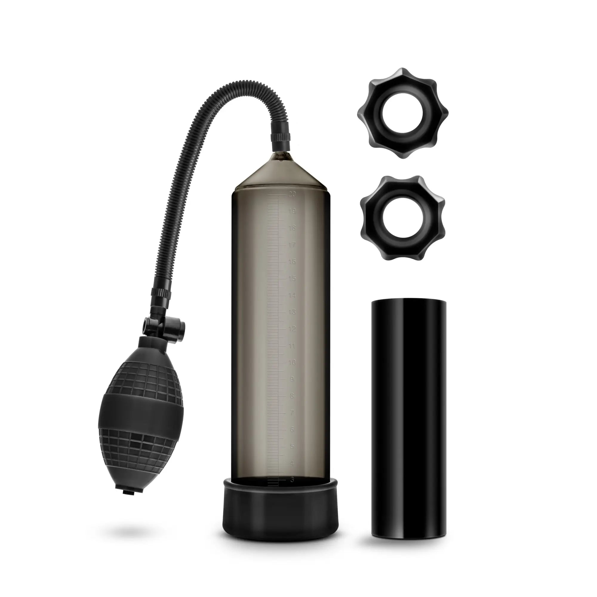 Black and translucent gray vacuum pump with two black star-shaped rings and cylindrical base in Quickie Kit Thick Cock Black