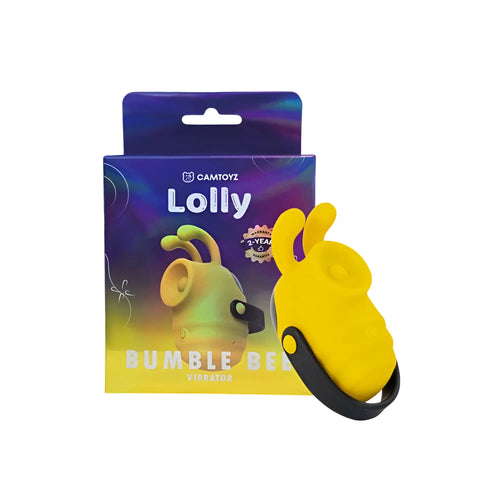 Bright yellow silicone bumblebee-shaped RAW Bumble Bee Pro tapping mini massager with black wrist strap by Camtoyz