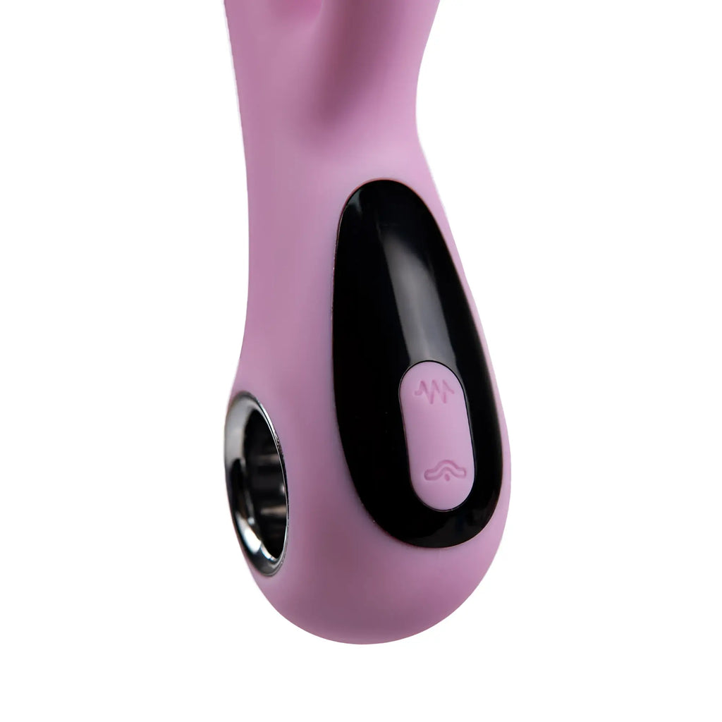 Pink silicone rabbit-shaped raw lucile majestic pro usb g-spot vibrator with black control panel and silver ring