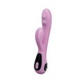 Pink silicone rabbit-shaped vibrator with black control panel and silver accent for g-spot stimulation by raw lucile majestic pro