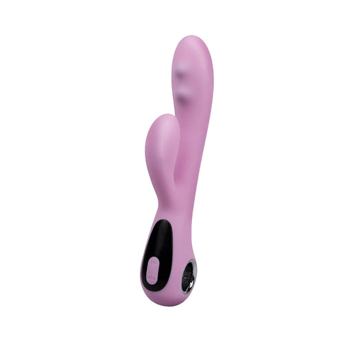 Pink silicone rabbit-shaped vibrator with black control panel and silver accent for g-spot stimulation by raw lucile majestic pro