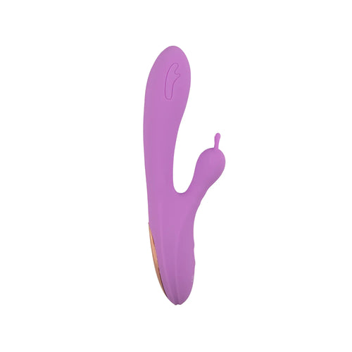 Purple silicone rabbit-shaped vibrator with gold-colored base from raw nelea pro usb rabbit vibrator product
