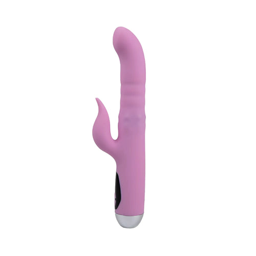 Pink silicone rabbit-shaped vibrator with silver base and black control panel from RAW Osma Majestic Pro