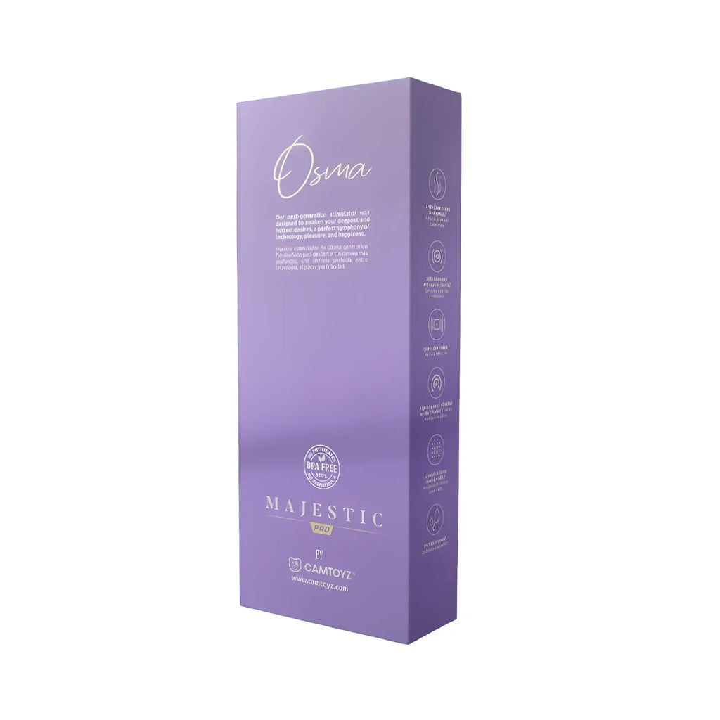 Purple rectangular box for RAW Osma Majestic Pro USB 10 mode pearl rabbit vibrator with elegant white branding and dpa free seal