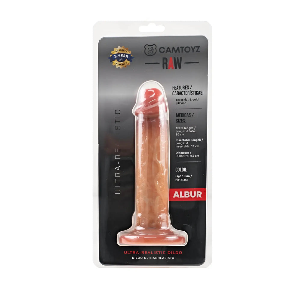 Light skin ultra realistic 20cm silicone dildo made of liquid silicone in camtoyz raw packaging by albur