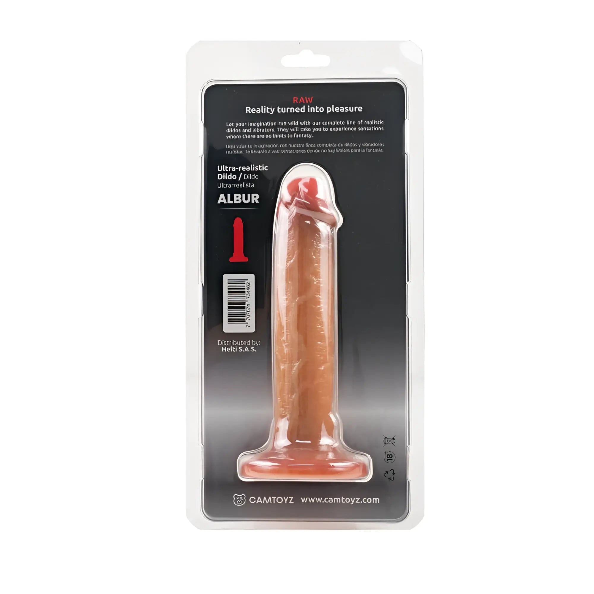 The albur ultra-realistic 20cm silicone dildo in clear blister pack with black and white raw branding