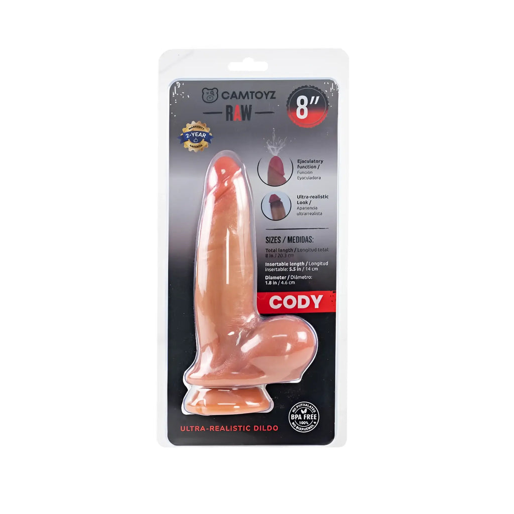 Cody 8-inch ultra-realistic dildo by camtoyz in peach silicone with realistic texture and erect design for raw squirting use