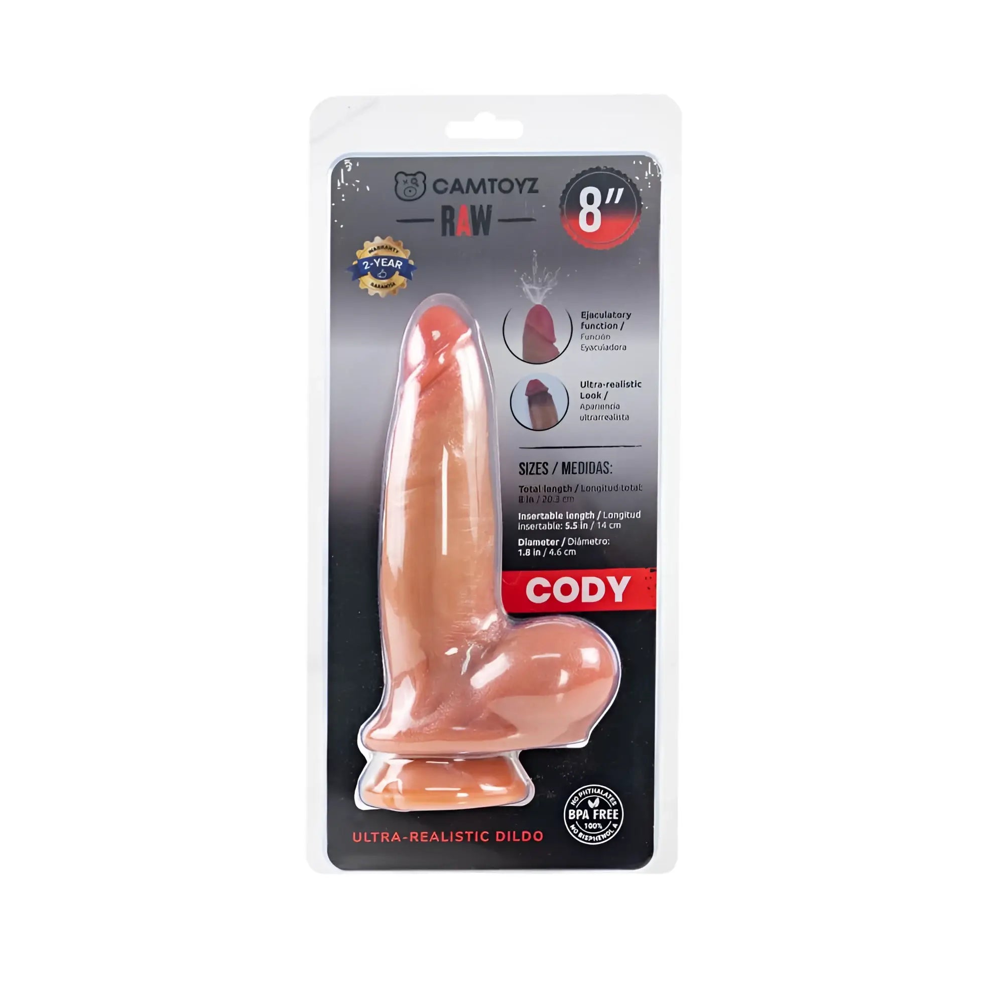 Cody 8-inch ultra-realistic dildo by camtoyz in peach silicone with realistic texture and erect design for raw squirting use