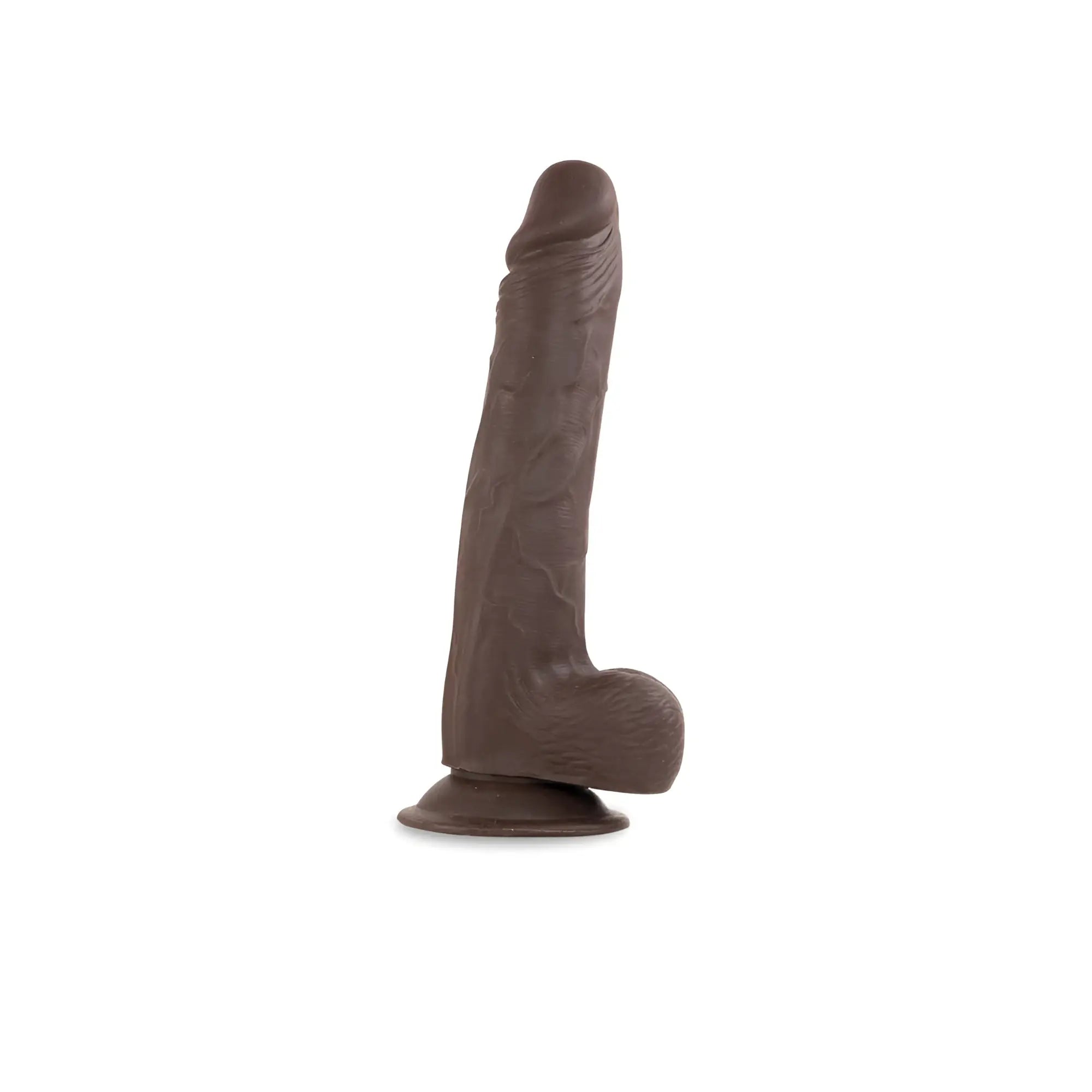 Brown silicone dildo with realistic textured surface and suction base from raw ultra realistic dildo magnus series