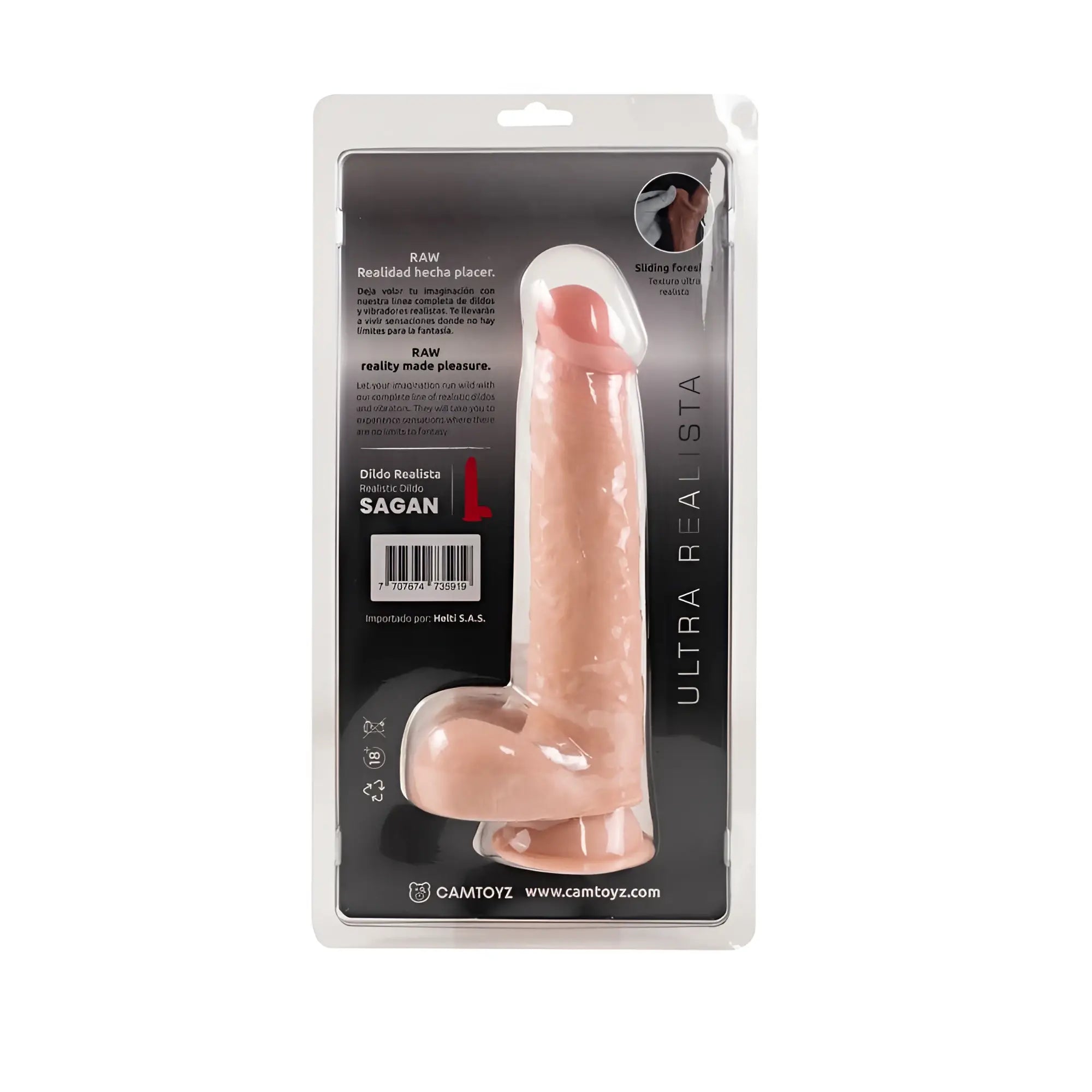 Pink silicone realistic dildo in clear packaging with ultra realista branding and sagan model name visible