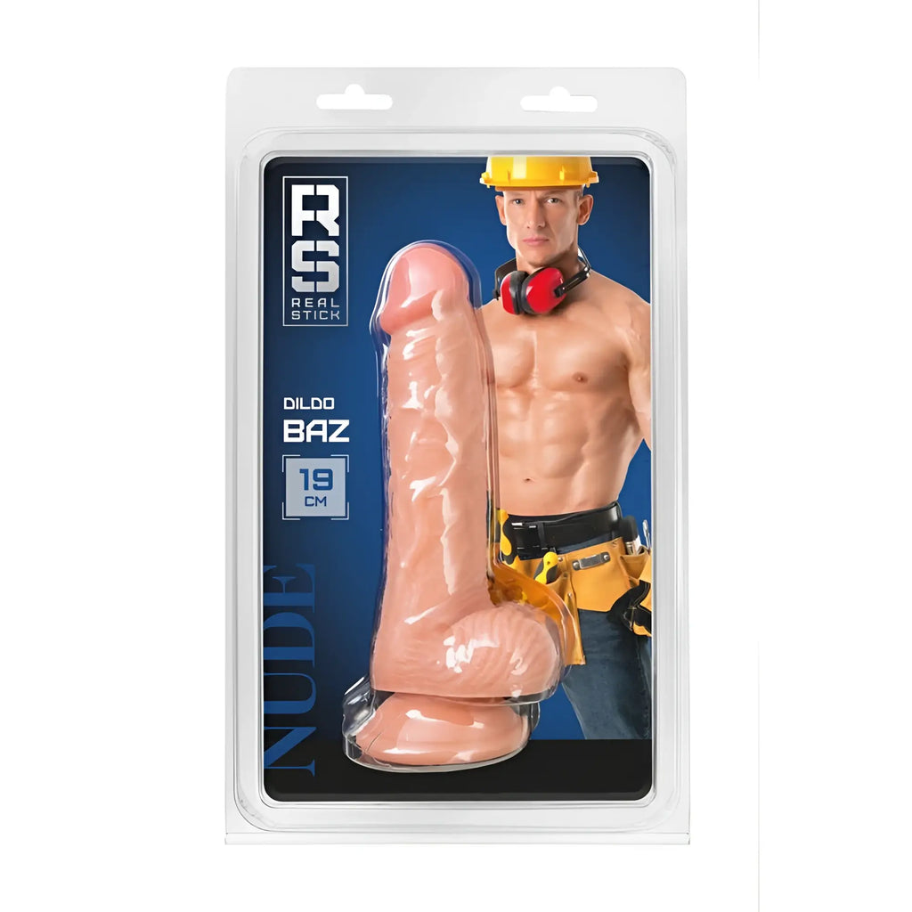 Pink silicone dildo in clear packaging with muscular man in construction gear on real stick nudedildo baz box background