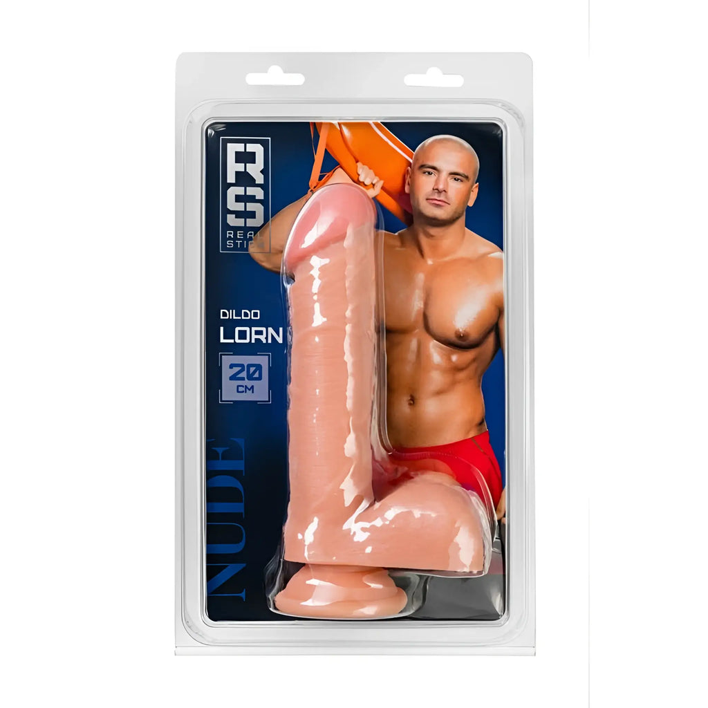 Pink silicone dildo in clear plastic packaging with brand name r.s Real Stick RealStick Nude Dildo Lorn