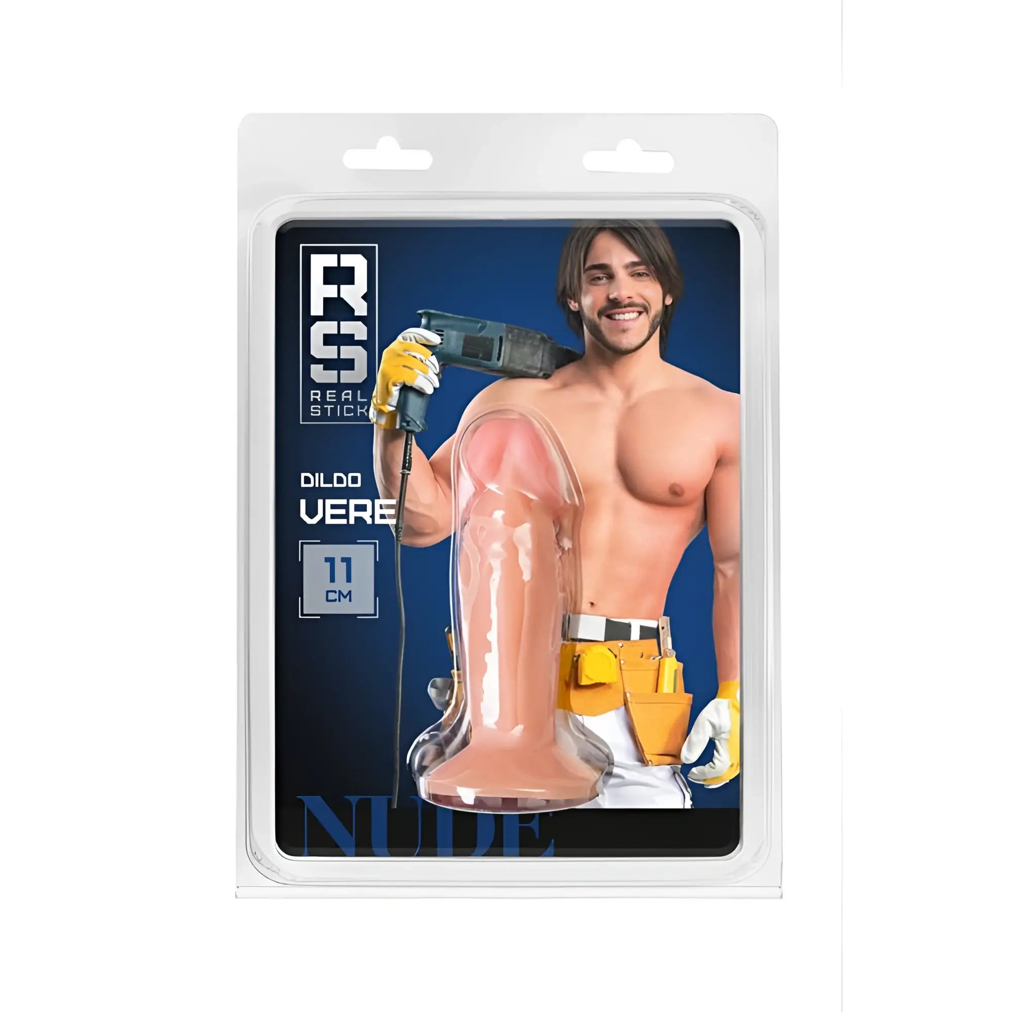 Real Stick RealStick nude dildo 11 cm long in clear packaging with man holding drill on front product box