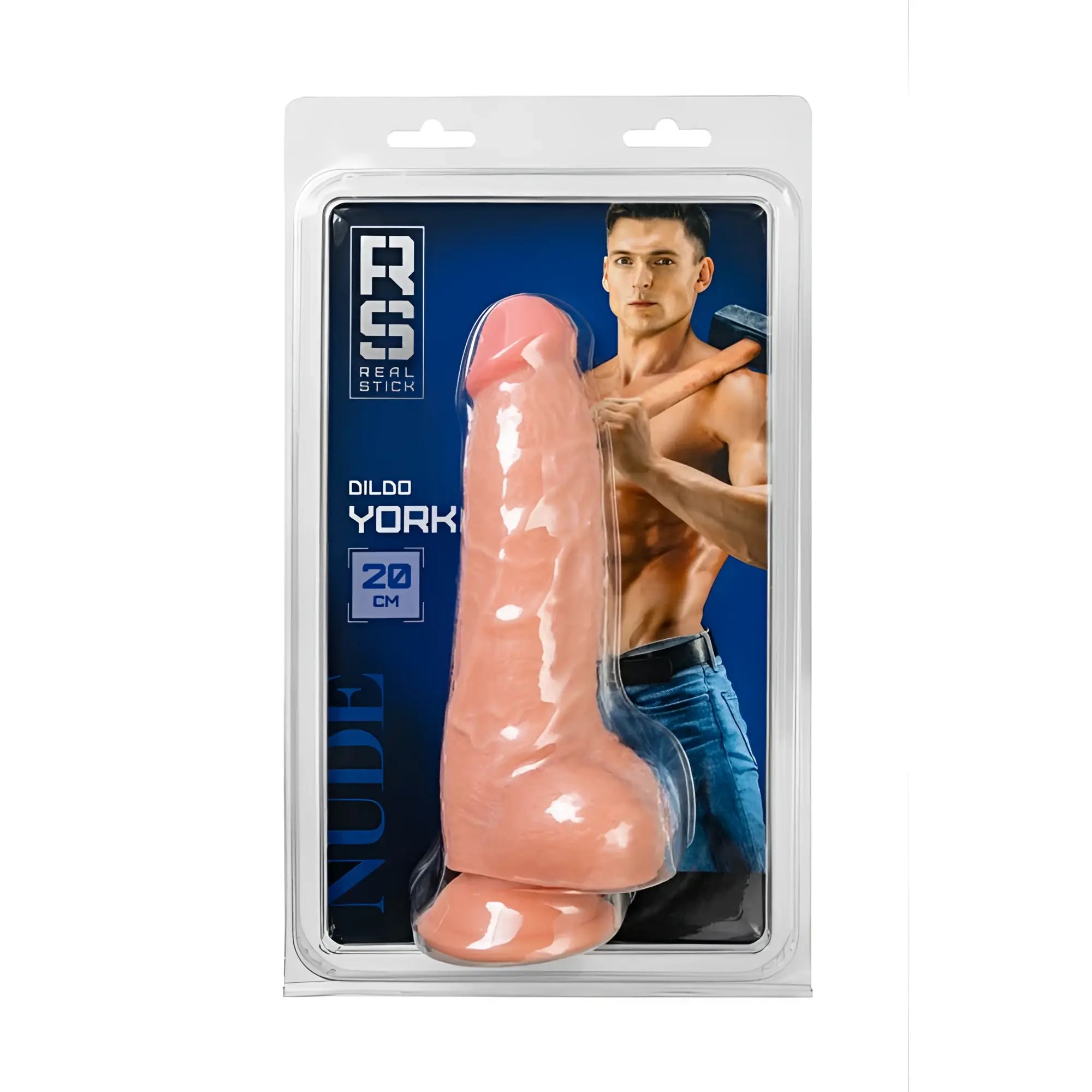 Pink silicone dildo in clear packaging with rs real stick branding and 20 cm size label from Real Stick RealStick Nude Dildo York