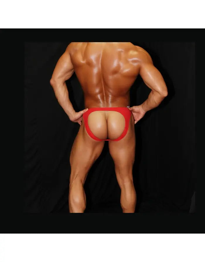 Red bikini jockstrap underwear by Arroyman featuring a minimal design and open back shown on a model from behind.