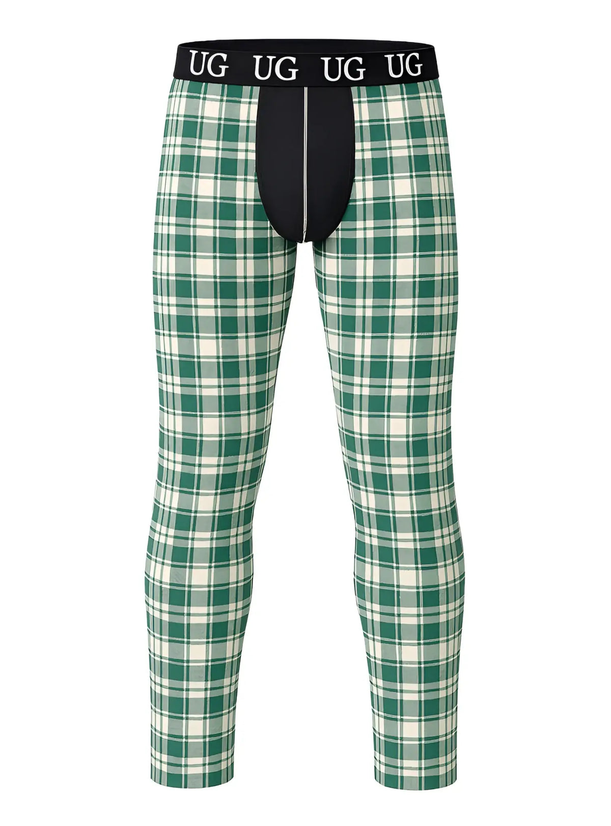 Green and white plaid relax contrast leggings with black waistband featuring ug logo for comfortable wear