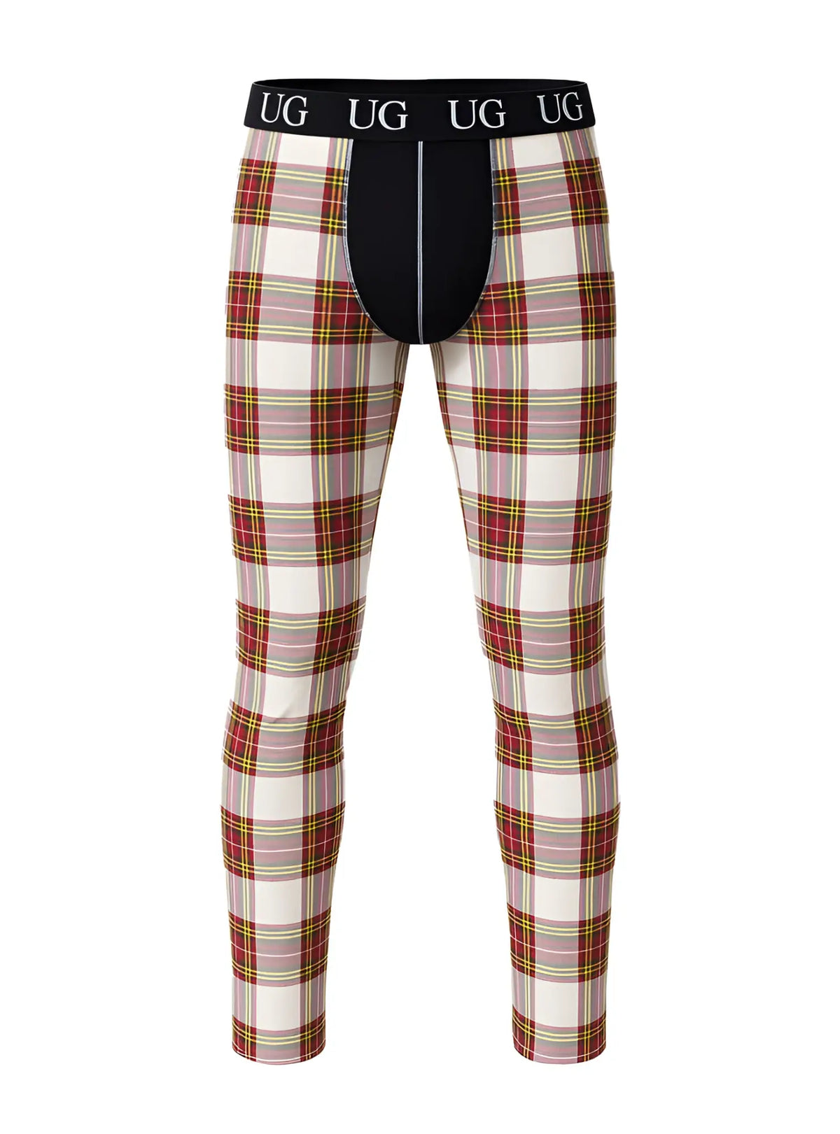 Relax contrast leggings with plaid pattern, black waistband featuring ug logo, and matching black inner panel