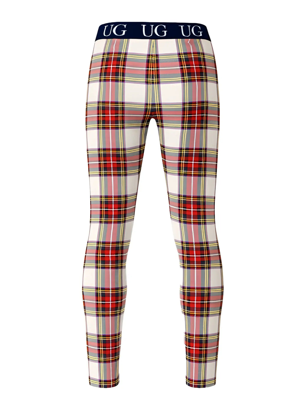Relax contrast leggings in red white and yellow plaid with navy blue waistband featuring the ug logo
