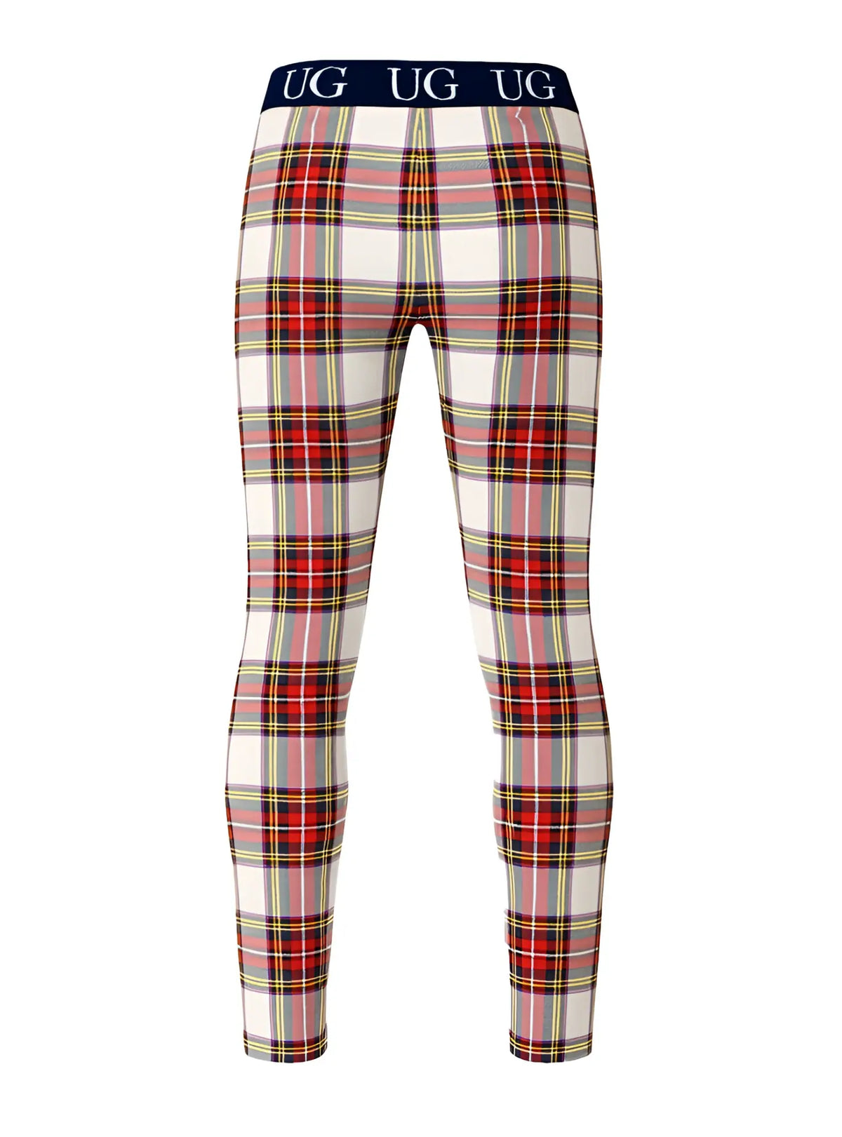 Relax contrast leggings in red white and yellow plaid with navy blue waistband featuring the ug logo