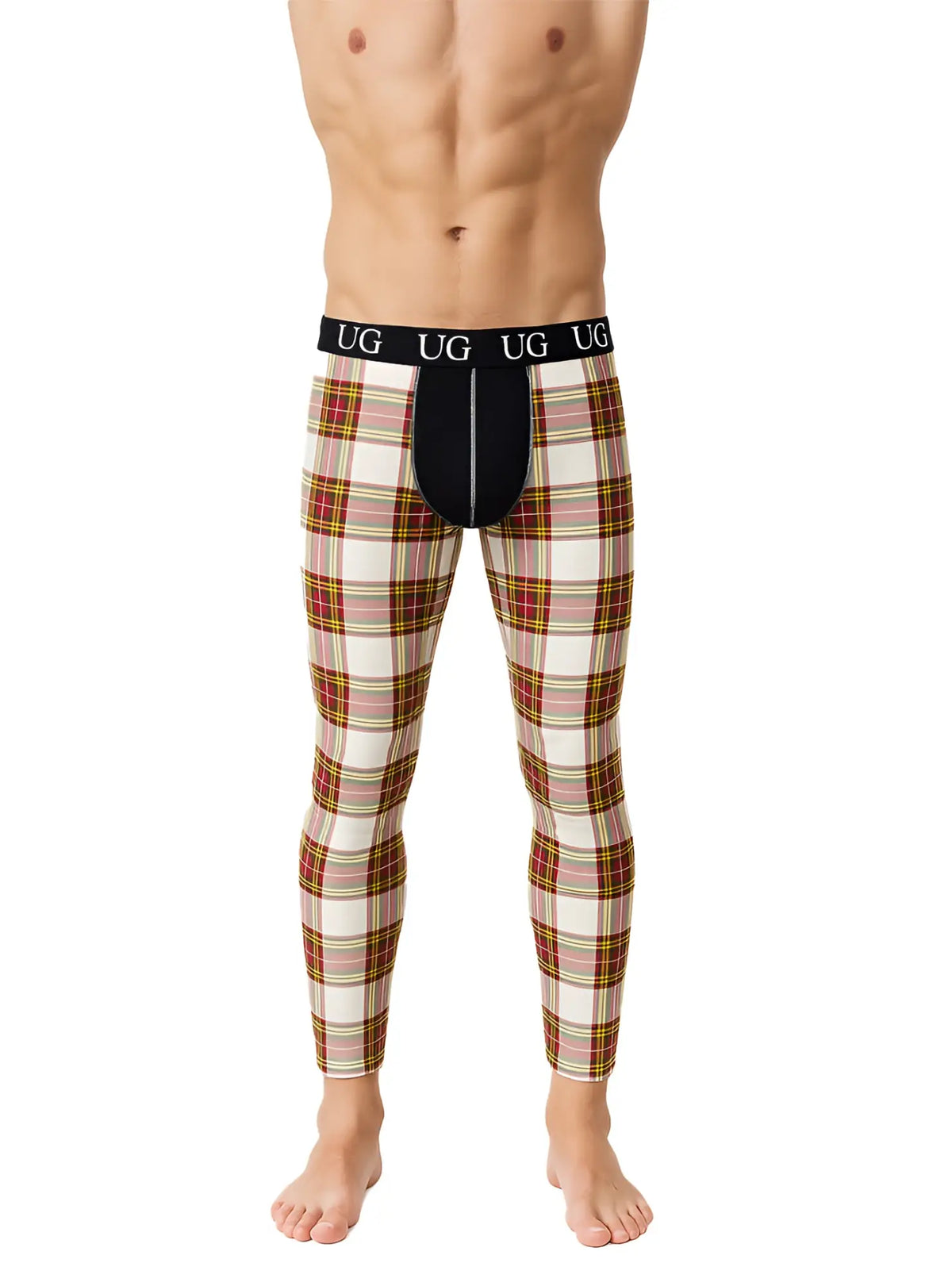 Ug brand menâ€™s plaid patterned compression tights with black waistband and central panel in relax contrast leggings design