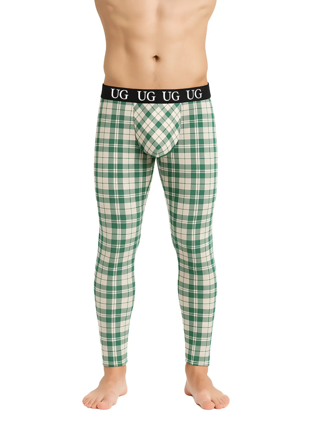 Relax leggings featuring green and white plaid patterned ug underwear with a black waistband and logo