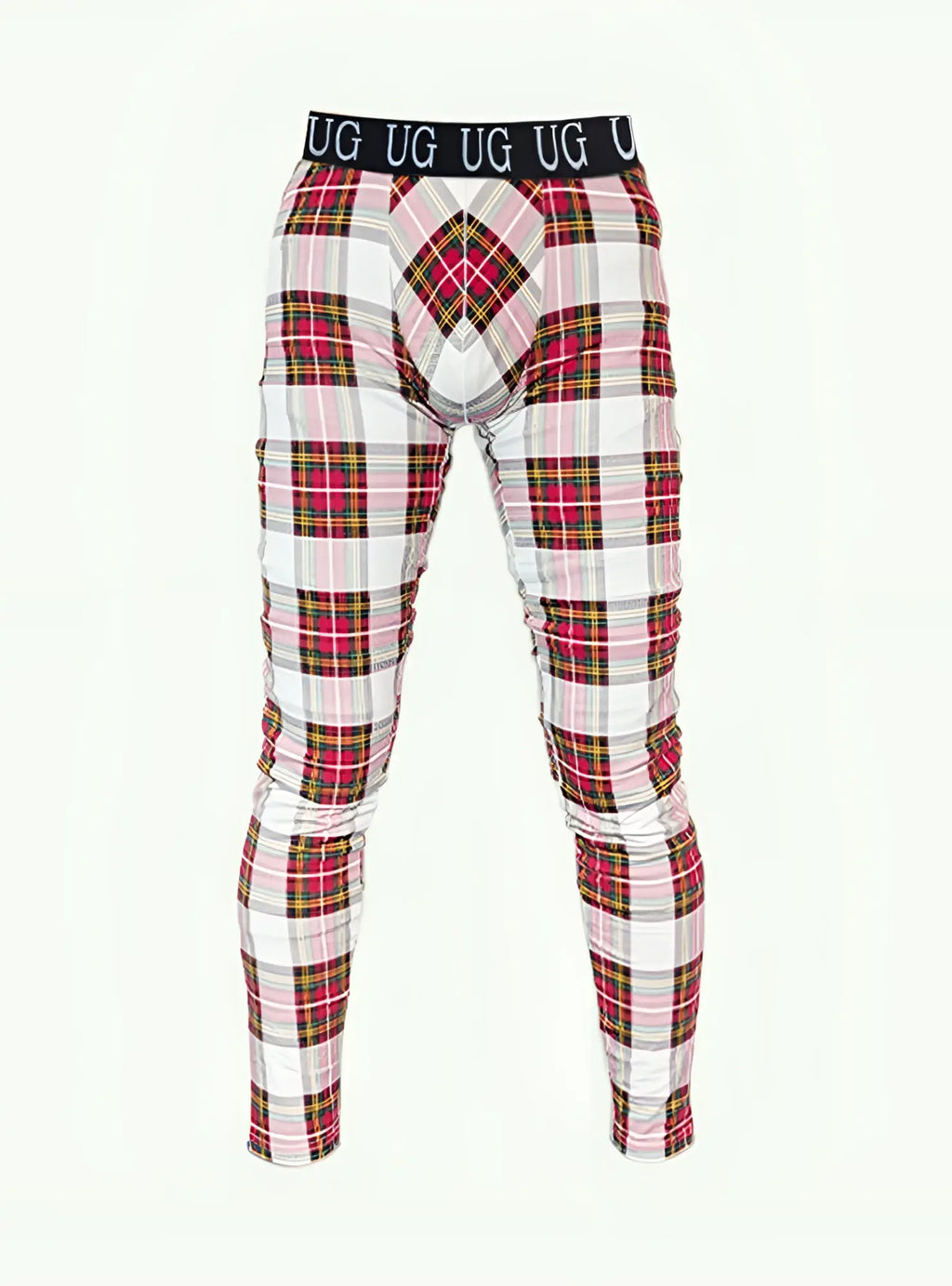 Plaid-patterned ug underwear with black waistband featuring repeating ug branding in relax leggings product line