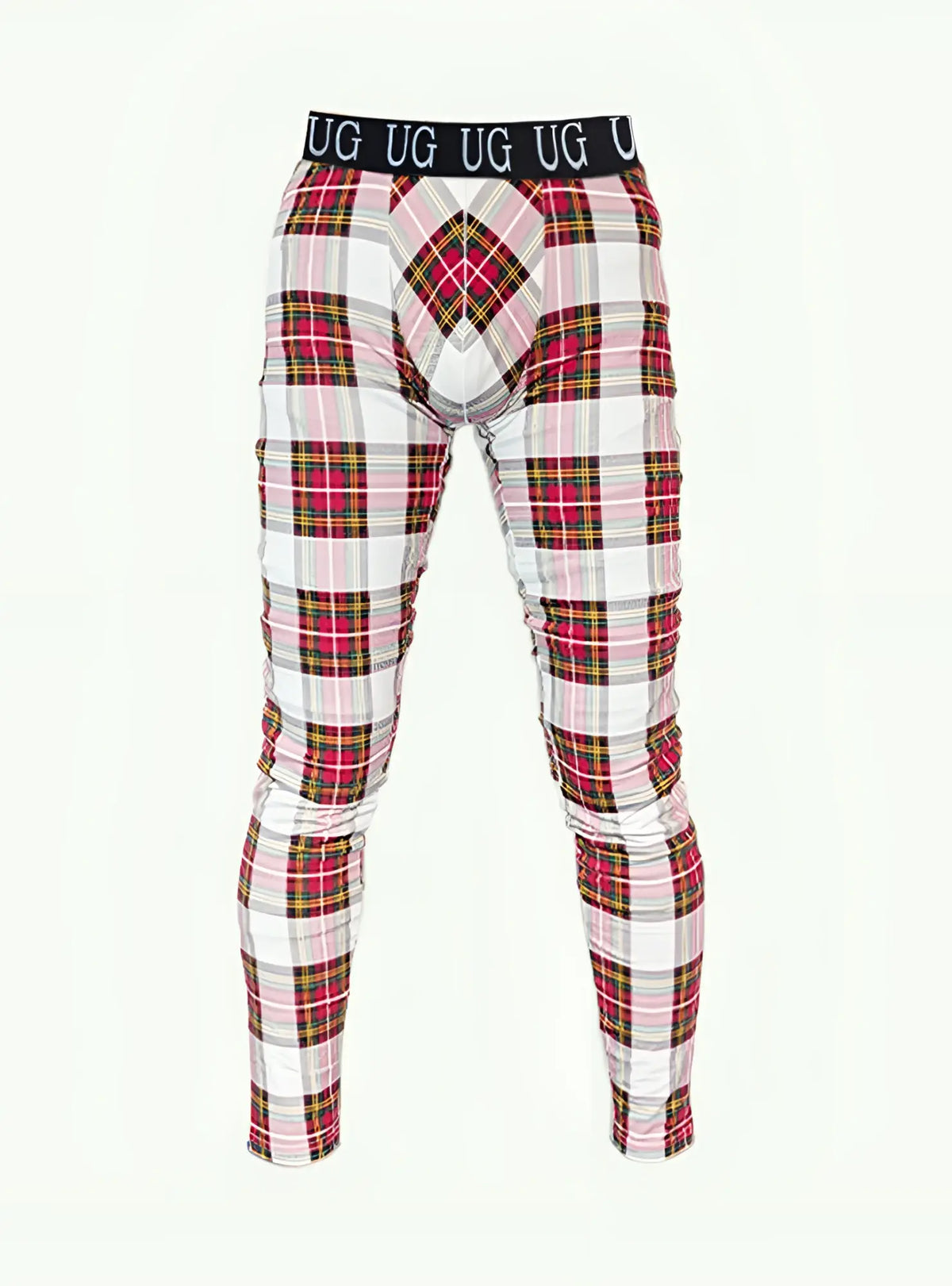 Plaid-patterned ug underwear with black waistband featuring repeating ug branding in relax leggings product line