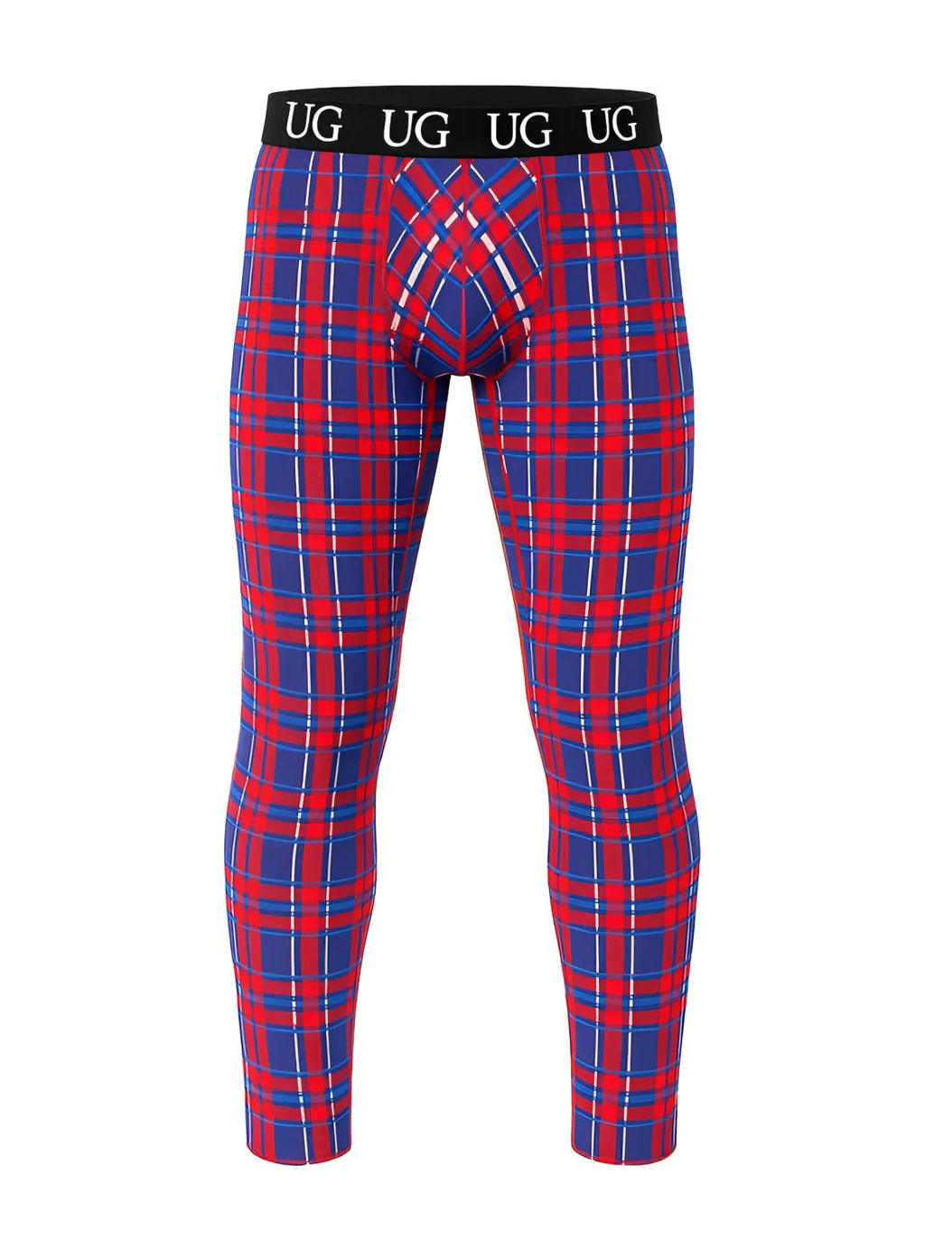 Relax leggings with red and blue plaid pattern and black waistband featuring the ug logo for comfortable wear