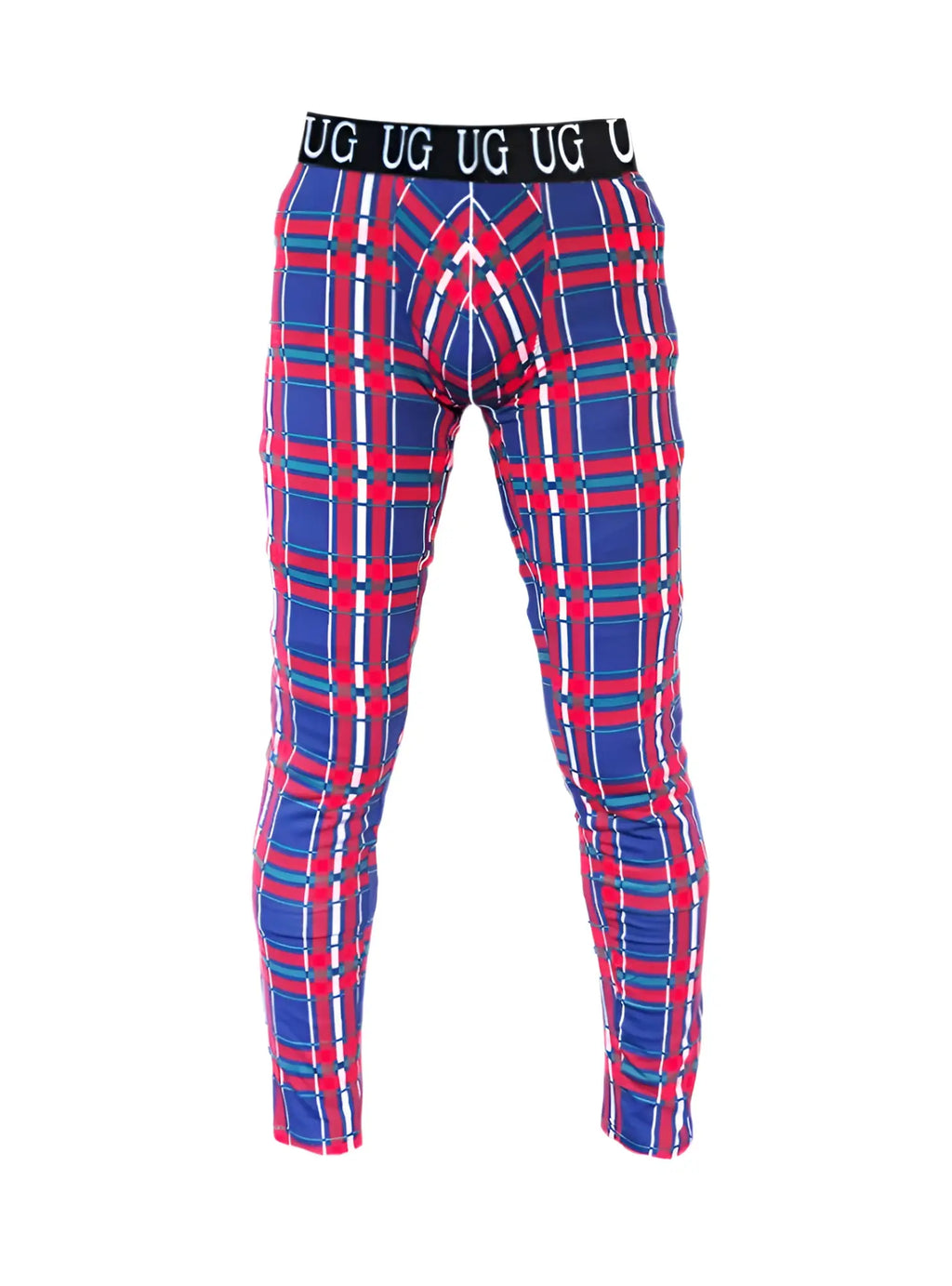 Relax leggings featuring red blue and white plaid patterned underwear with black waistband and brand logo
