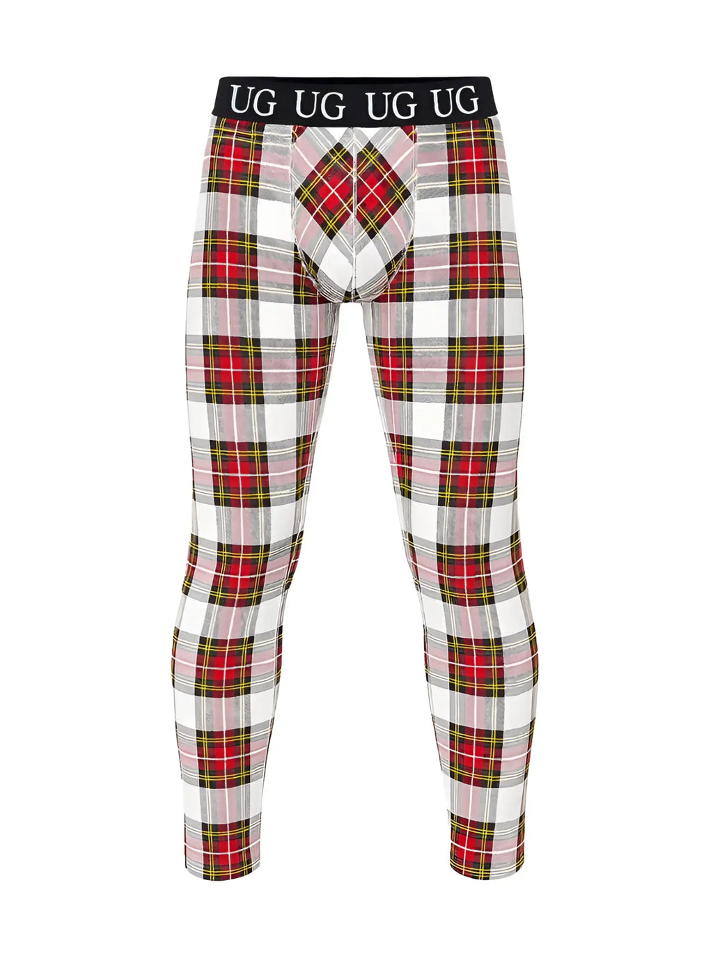 Red white and green plaid patterned ug underwear with black waistband and logo featured in relax leggings product image