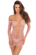 Rene rofe sexy demure long sleeve mini dress medium large featuring a delicate pink lace off the shoulder bodysuit