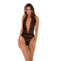 Rene Rofe sexy plunge in teddy black medium large black lace bodysuit with deep plunging neckline and floral patterns