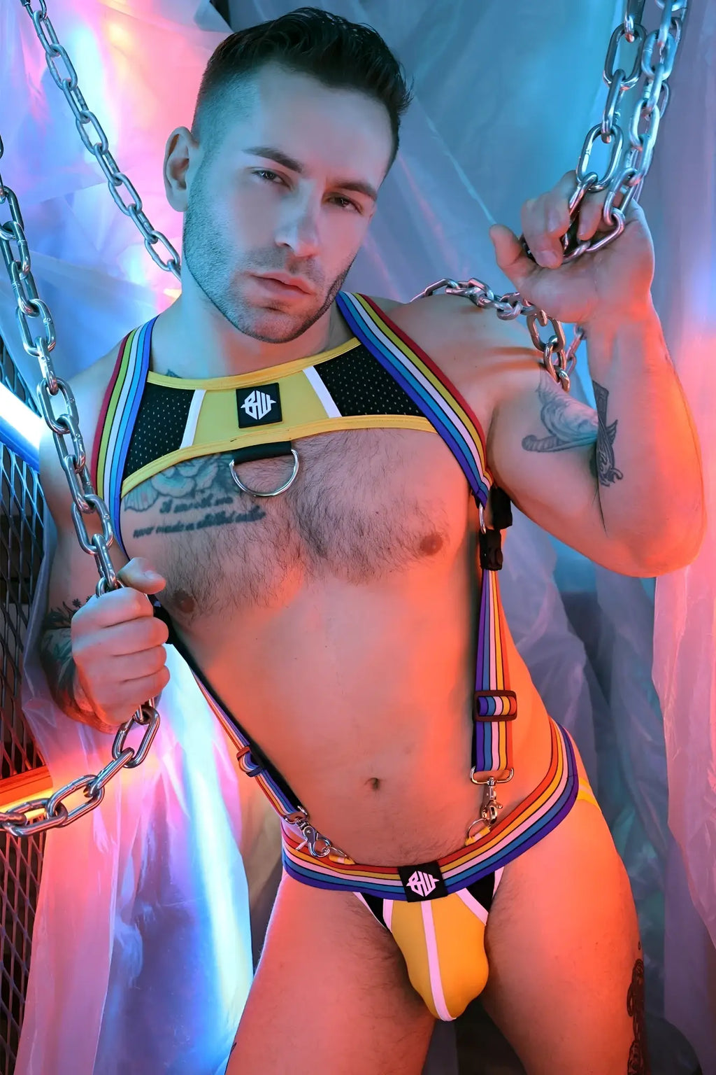 Rainbow-striped harness and briefs set with metallic chain accents from retro remix collection